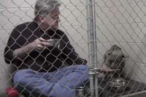 「安心してボクは味方だよ」怯える犬のためにケージで一緒に食事をする獣医 さんに感動