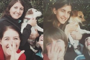 安楽死直前、4姉妹が愛犬と撮影した15年前の写真を再現…涙をこらえて笑顔で