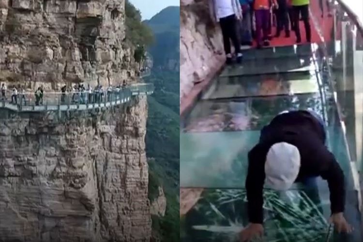 歩くとバキバキバキッ！とヒビが入る…中国の断崖絶壁にあるガラスの橋が怖すぎる