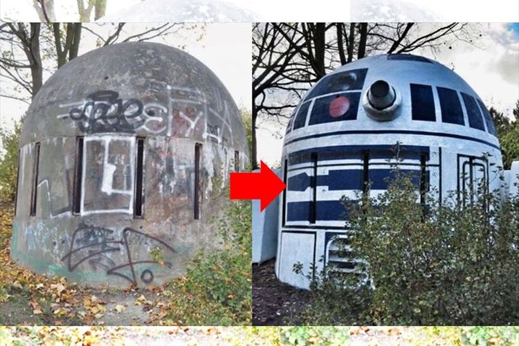 地下シェルターの通気口が何者かの手によりスターウォーズのR2-D2に!