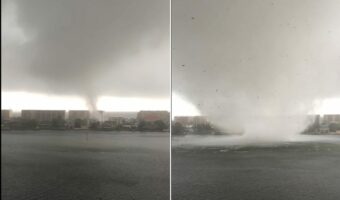 【怖すぎる】対岸で発生した巨大竜巻があらゆるものを吹き飛ばしながら迫ってくる映像