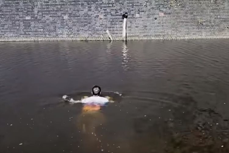 運河の真ん中の柱にニャンコが!運河を泳いで救助に向かった男性に称賛の声