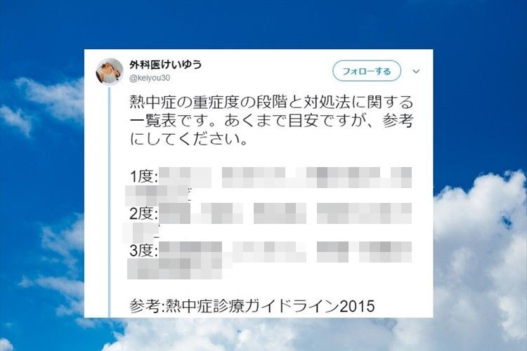これは覚えておきたい!外科医がツイートした「熱中症の重症度の段階と対処法」に関する一覧表