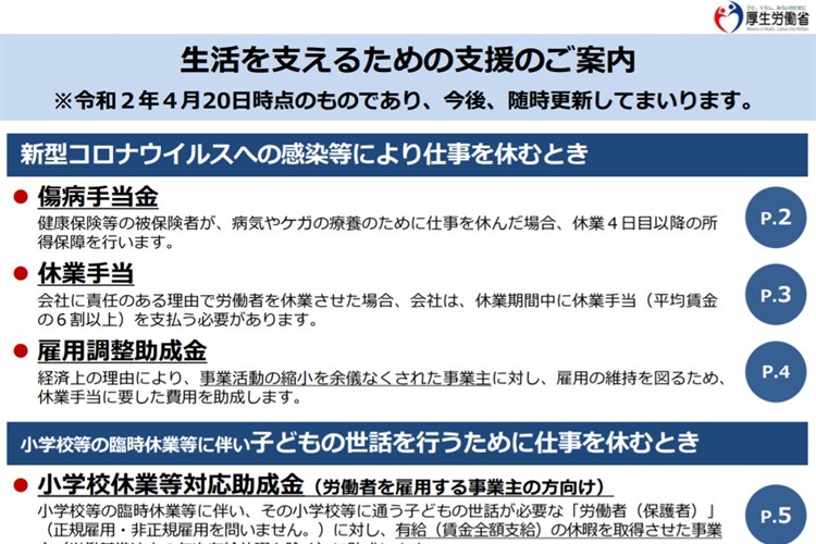 コロナ関連支援をまとめた厚労省の『生活を支えるための支援のご案内』がわかりやすい!国民みんなに周知すべき!