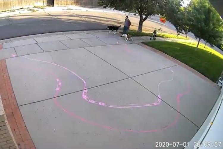 自転車で私有地に入る子どもの姿！チョークでサーキットを描いたら防犯カメラチェックが楽しみに♪