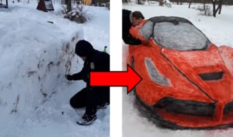 クオリティ半端ない!雪でフェラーリを作るカップルが凄い