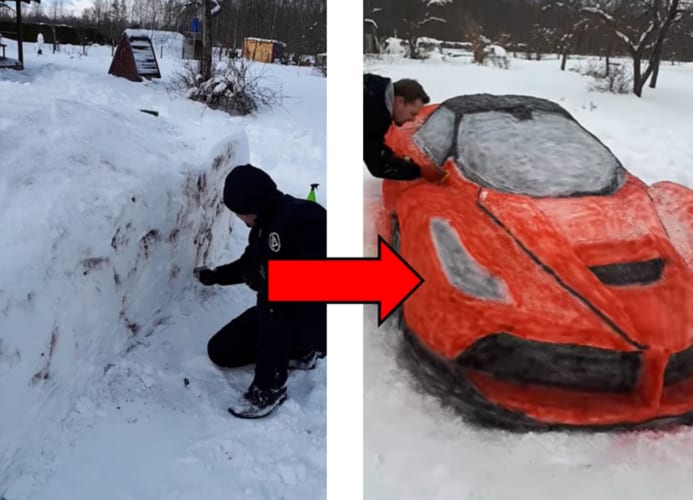 クオリティ半端ない！雪でフェラーリを作るカップルが凄い
