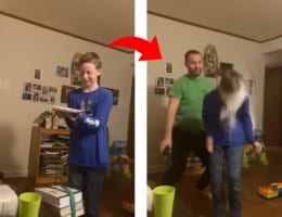 これはキレてもしょうがない...パパの悪戯に怒る少年の表情がカワイイ