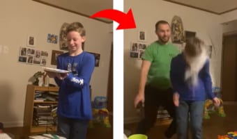 これはキレてもしょうがない...パパの悪戯に怒る少年の表情がカワイイ