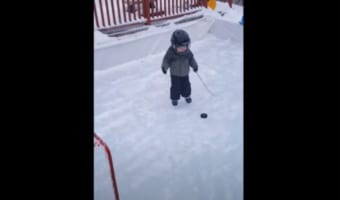 したたかすぎる(笑) アイスホッケーをする1歳の幼児が想定外の手段でゴール決める!