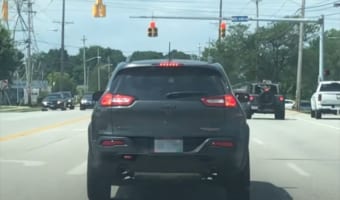 前方の車に乗るワンコがドライブに大興奮！これ以上にないはしゃぎっぷりを見せている！！