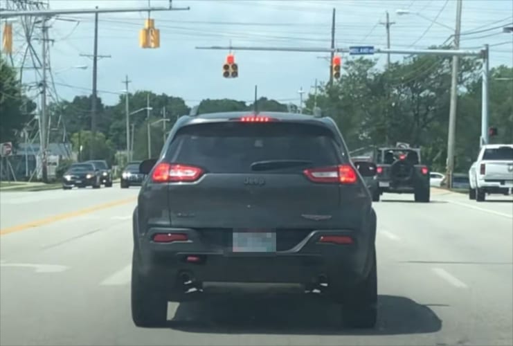 前方の車に乗るワンコがドライブに大興奮！これ以上にないはしゃぎっぷりを見せている！！