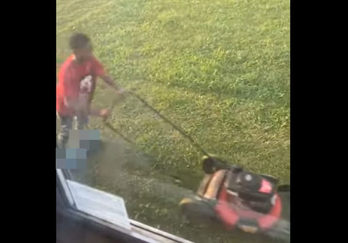 窓の外を見て見たら・・・、息子さんがある方法で楽しそうに草刈りをしていました！！