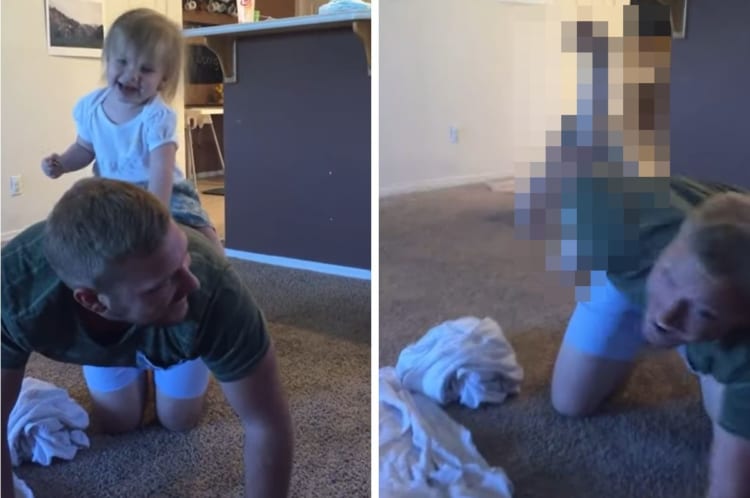 お父さんナイスキャッチ！お馬さんごっこ中のお父さん。ところが赤ちゃんがその背でバランスを崩してしまい・・・