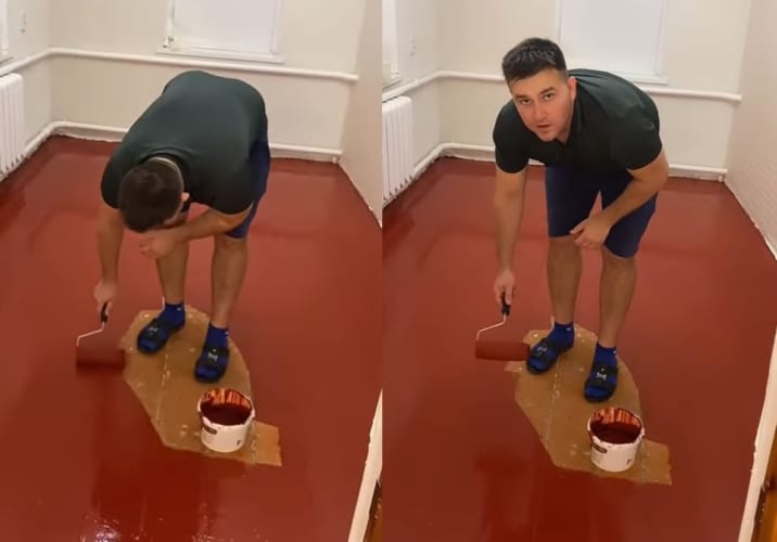 そこからどうするの？部屋の床を端から中央へ向けてペンキを塗っていた男性。後は部屋の真ん中を塗るだけなのですが・・・