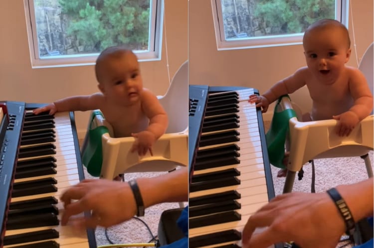 将来はミュージシャン？お父さんとのピアノセッションを満面の笑顔で楽しむ赤ちゃん