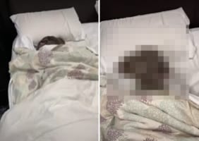 黒髪の人がベッドで寝ているのかなと思いきや・・・、近寄ってみると横になっていたのはなんと○○でした！！