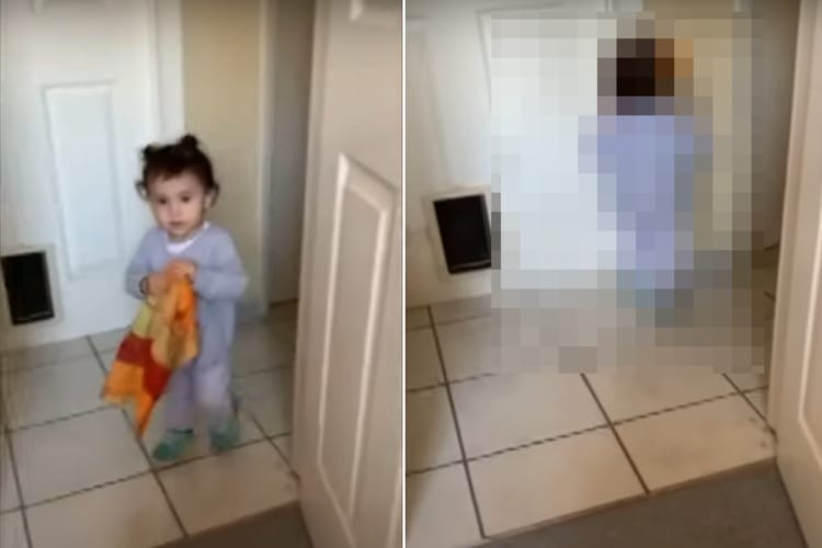 あらま、大丈夫？！タオルを頭にかけた幼い女の子。Uターンして歩いて行ったら・・・そこにあるのは壁だよ！！