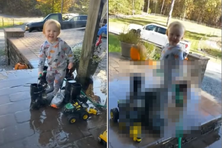 赤ちゃんがホースを手にしてなんだかご機嫌そうと思いきや・・・！とんでもないイタズラをしていました！！