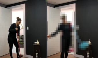 床を掃いて、ゴミ箱を持ってきてチリトリを構えて・・・、あれ・・・ない?ない??女性は何を探してる??