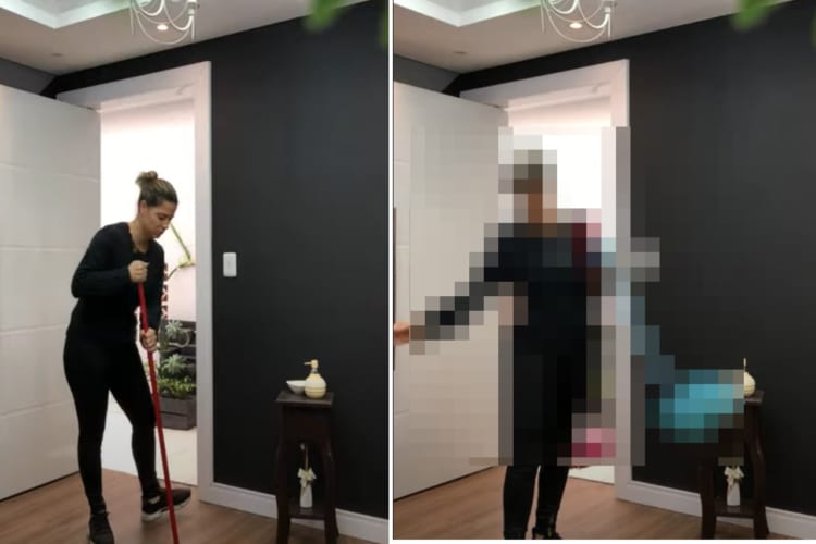 床を掃いて、ゴミ箱を持ってきてチリトリを構えて・・・、あれ・・・ない？ない？？女性は何を探してる？？