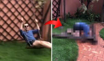 古い木製のブランコを楽しそうに漕ぎ始めた男性。ところがその直後、男性の身に痛々しいハプニングが!!