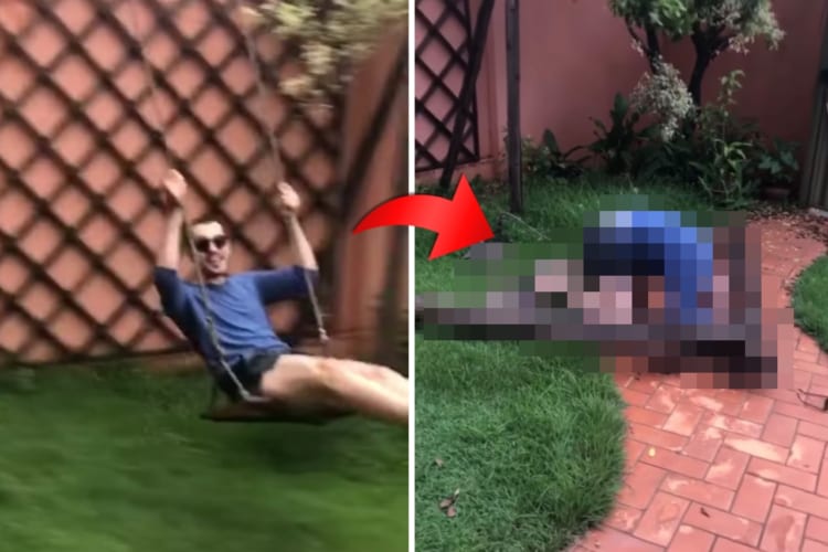 古い木製のブランコを楽しそうに漕ぎ始めた男性。ところがその直後、男性の身に痛々しいハプニングが！！