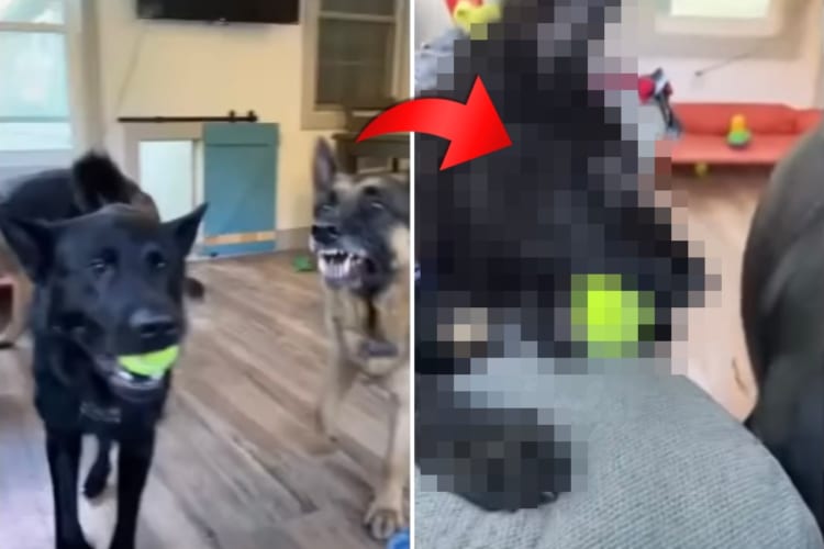 ボールを巡って2匹のジャーマンシェパードが口論していると・・・、隙をついて他の子がボールを取って行ってしまいました！！