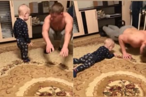 かわいい真似っ子！筋トレするお兄さんの隣で、赤ちゃんも一緒にスクワットをしたり腕立て伏せに挑戦してみたり！！