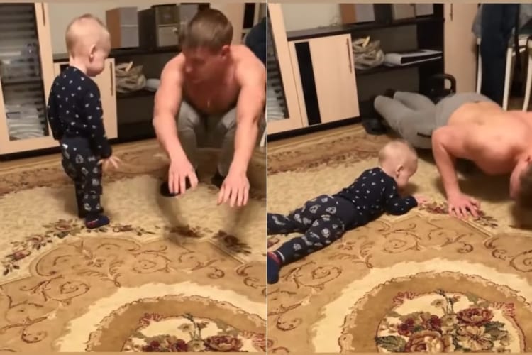 かわいい真似っ子！筋トレするお兄さんの隣で、赤ちゃんも一緒にスクワットをしたり腕立て伏せに挑戦してみたり！！