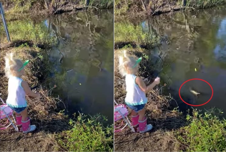 はじめての釣りに挑戦した2歳の女の子。ところがかかった魚の動きにビックリしてしまい・・・