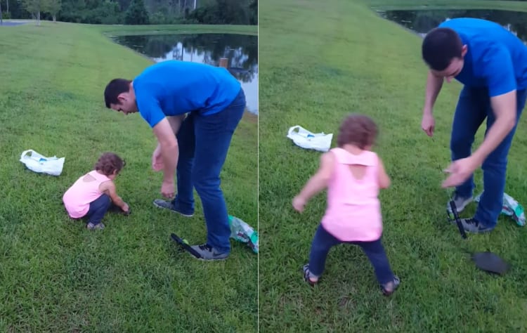 最後はバイバイでお別れ。釣り上げたカメを抱っこしようとした女の子でしたが、俊敏な動きを見せたカメに驚いてしまい・・・