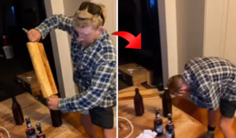 横着なんてするもんじゃないね・・・。なぜかまな板を栓抜きにしようとした男性は、直後にとんだ痛い目にあうのでした