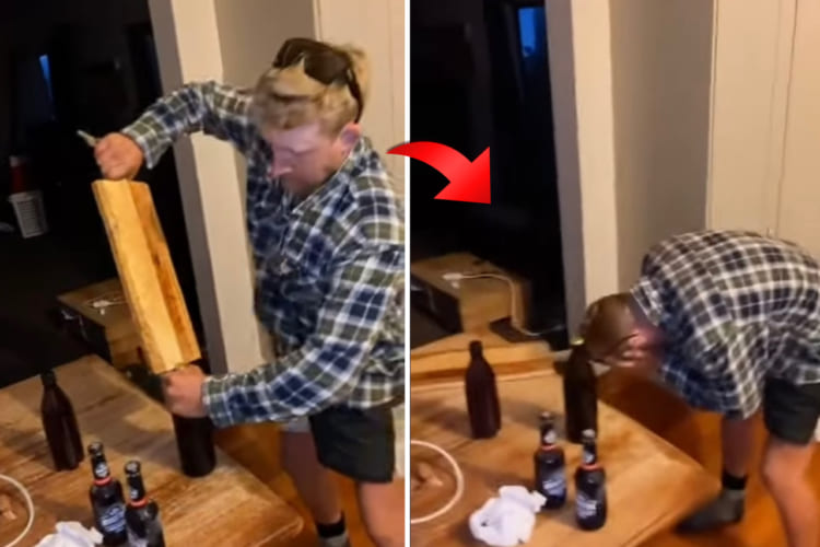 横着なんてするもんじゃないね・・・。なぜかまな板を栓抜きにしようとした男性は、直後にとんだ痛い目にあうのでした