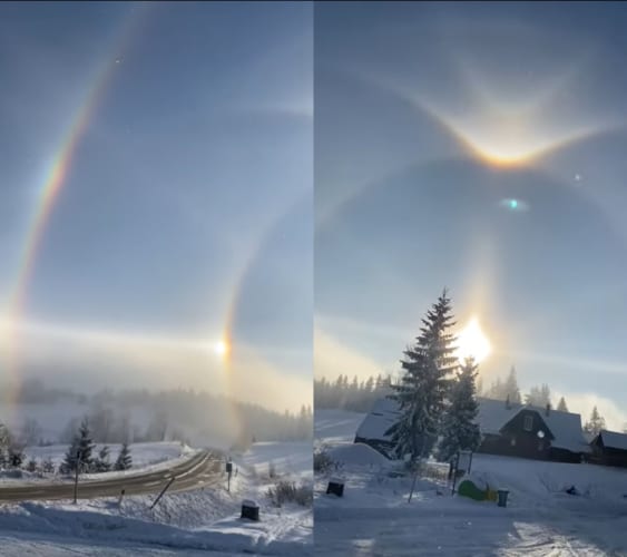 スロバキアで観測された空に浮かぶ光輪（ソーラーハロー）。なんだかとんでもないことになっているぞ！！