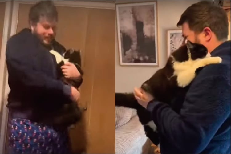 パパに飛びつくのが大好きな猫。その姿はまるで「ギュ～ってして！」とばかりに抱き着きに行っているみたい！