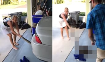 車に枝でも挟まったのかな？女性が一生懸命引っ張って車の下から引っこ抜こうとしていたのは・・・、枝や棒ではなく『巨大な○○』でした！