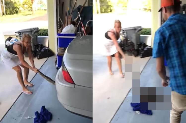 車に枝でも挟まったのかな？女性が一生懸命引っ張って車の下から引っこ抜こうとしていたのは・・・、枝や棒ではなく『巨大な○○』でした！