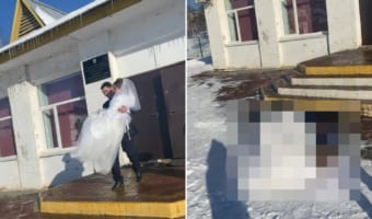 嫌な予感・・・お姫様抱っこをしてあらわれた新郎新婦!案の定の展開に!