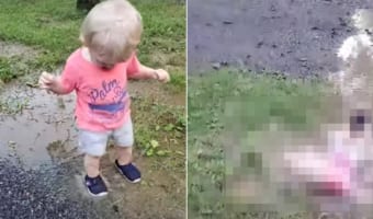 水たまりをパシャパシャするのが楽しい男の子。水しぶきをもっとあげようと深いところまで進んでいきますが・・・、その先にはハプニングが待っていました!