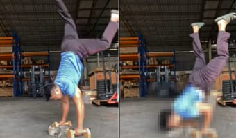 これは筋トレも捗る！！ハンドスタンドプッシュアップをする男性のそばには、キスしてもらうために待機しているかわいい猫が！！