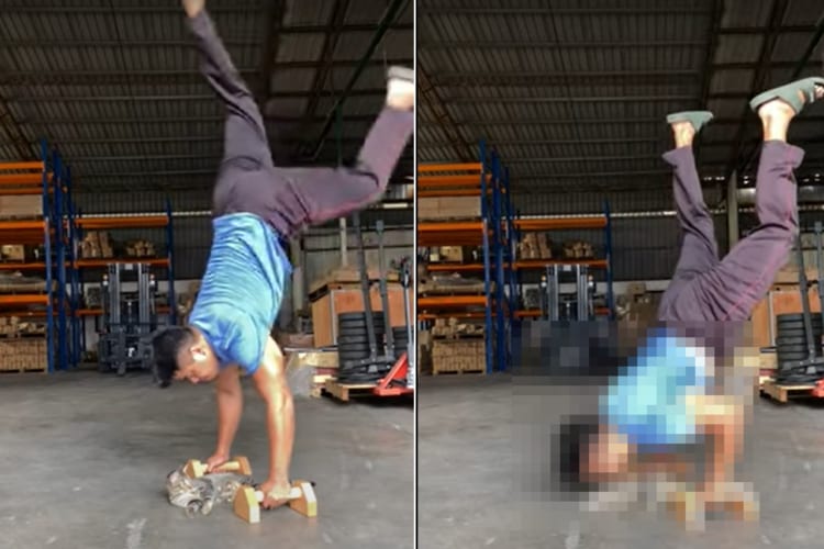 これは筋トレも捗る！！ハンドスタンドプッシュアップをする男性のそばには、キスしてもらうために待機しているかわいい猫が！！