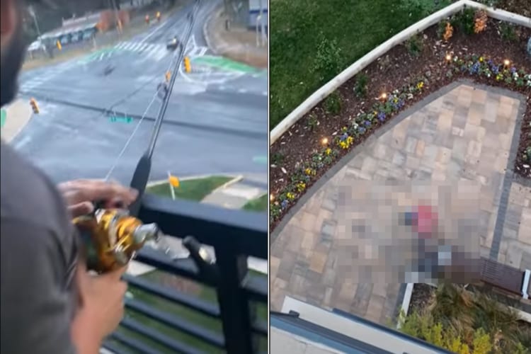 ベランダから釣り糸を垂らす男性。彼の釣果は・・・なんとまさかのファーストフード？！？！