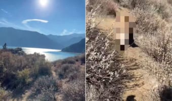 まさに危機一髪!雄大な景色の中歩いていると・・・、男性の後ろから猛獣として知られる『あの肉食獣』が姿をあらわしました!!