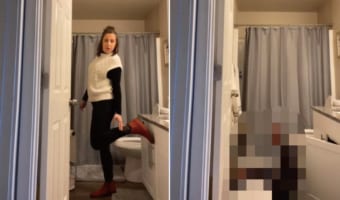 服のコーディネートをチェックしようとした女性。ところがブーツを見せようと足を上げたところ・・・、とんでもないハプニングが起きました！！