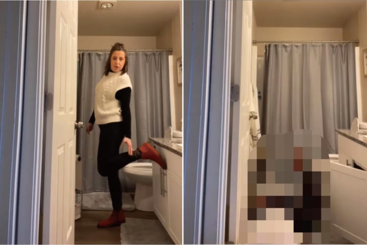 服のコーディネートをチェックしようとした女性。ところがブーツを見せようと足を上げたところ・・・、とんでもないハプニングが起きました！！