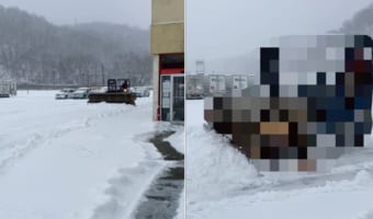 除雪車がやってきた!と思ったけど何かが違うような・・・。よく見たらあるものを組み合わせたインスタント除雪車でした!!