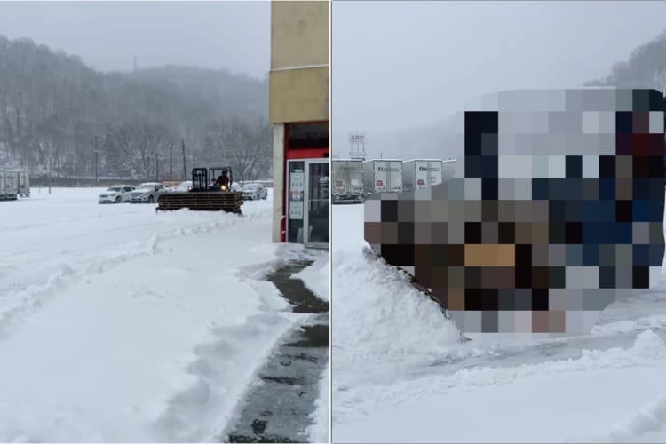 除雪車がやってきた！と思ったけど何かが違うような・・・。よく見たらあるものを組み合わせたインスタント除雪車でした！！