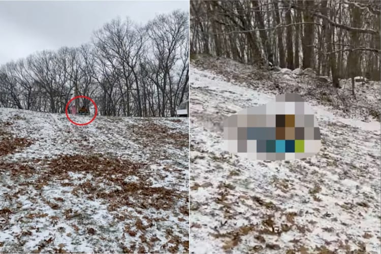 初めての雪にテンションが上がったけれど・・・。初めてのソリは簡単ではなかったようで、バランスを崩しスリリングな姿勢で斜面を滑っていきました