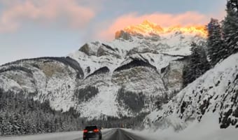 雪山を眺望する道路を運転中に見た日の出、その様子が美しすぎる。山にかかる黄金の光が神々しい